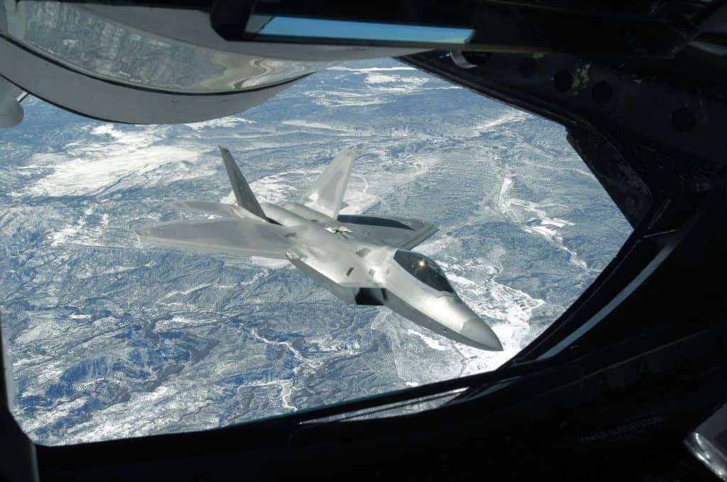 BogiDope, an F-22 rejoins on the tanker prior to refueling.