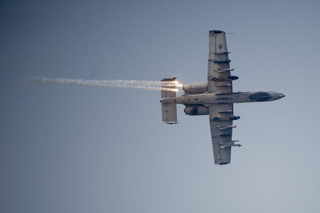 BogiDope, an A-10 Warthog breaks left while deploying a flare.