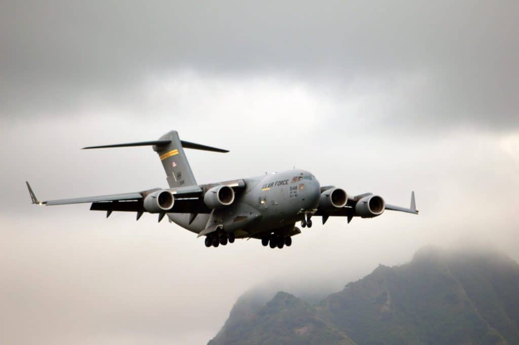 BogiDope, a C-17 comes into land in Hawaii.