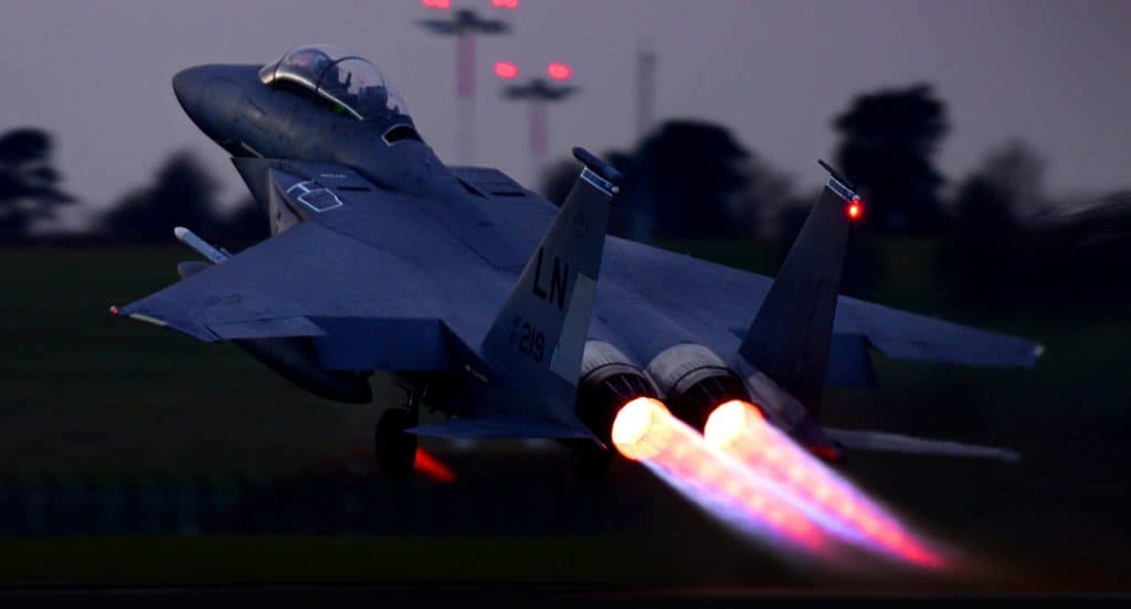 BogiDope, F-15E takeoff at RAF Lakenheath in afterburner.