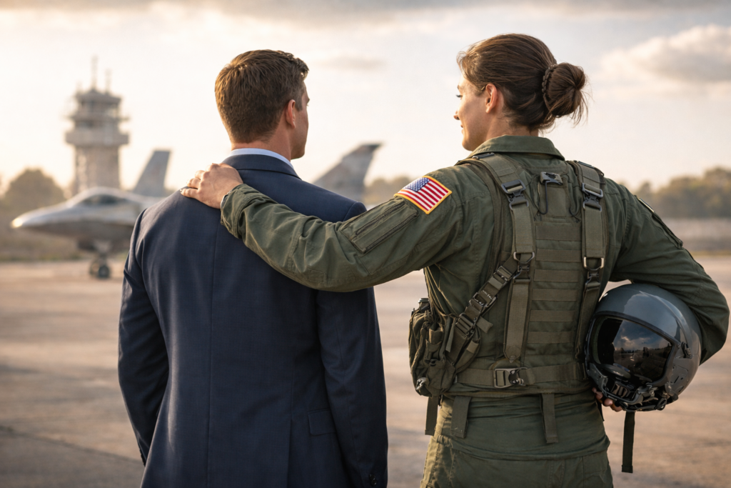 Air Force pilot standing with a civilian with her hand on their shoulder